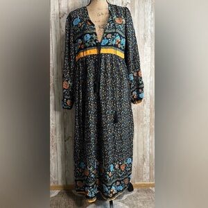 Black floral summer long sleeve midi dress with Tie Top Detail